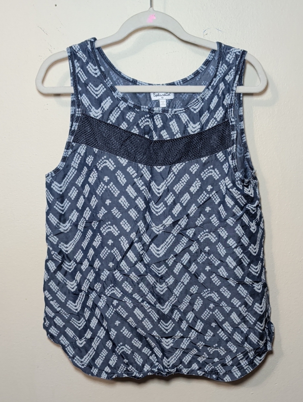 Splendid Blue + White Geometric Pattern Tank Top with Mesh Detail Girls Size 12